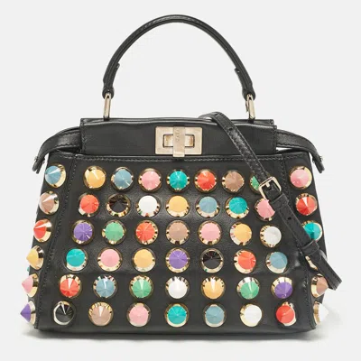 Pre-owned Fendi Black Leather Multicolor Studs Mini Peekaboo Top Handle Bag