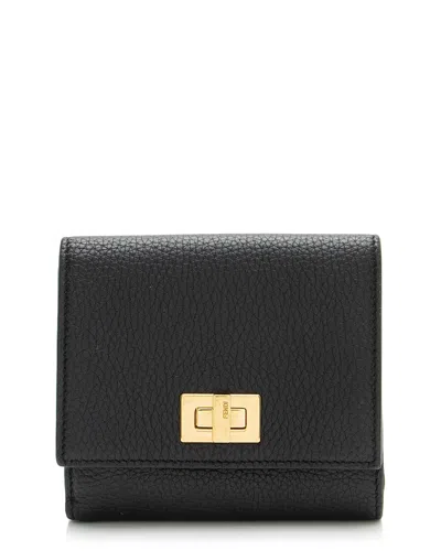 Pre-owned Fendi Black Leather Peekaboo Compact Wallet (authentic Pre-loved)