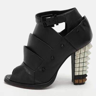 Pre-owned Fendi Black Leather Polifonia Booties Size 36.5