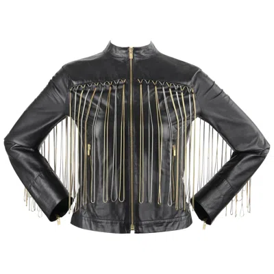 Pre-owned Fendi Black Leather Silver & Gold Metal Chain Fringe Moto Mandarin Collar Jacket