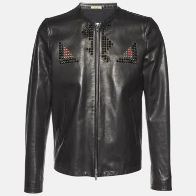 Pre-owned Fendi Black Leather Studded Biker Jacket L