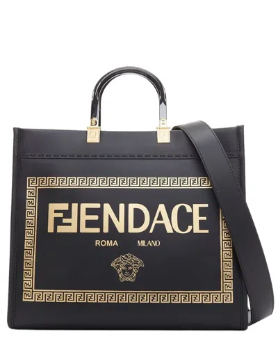 Pre-owned Fendi Black Leather X Versace Fendace Sunshine Logo Print Shopper Tote  (authentic Pre-loved)