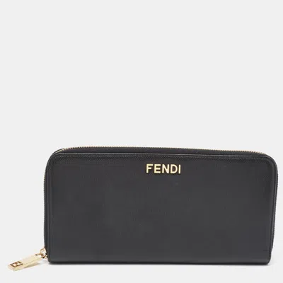 Pre-owned Fendi Black Leather Zip Around Organizer Wallet