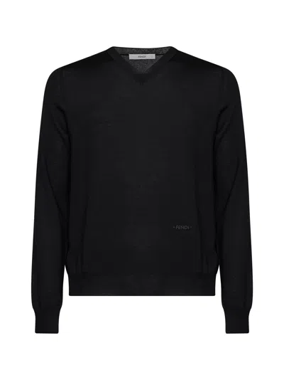 Fendi Black Lightweight Wool Embroidered Sweater In Multi