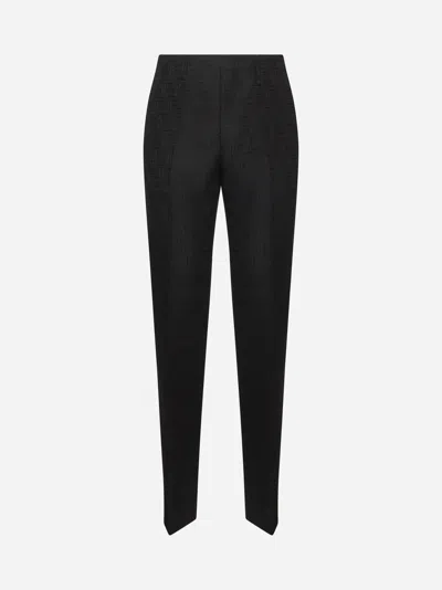 FENDI BLACK LINEN AND COTTON FF JACQUARD TROUSERS