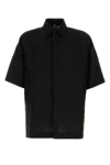 Fendi Men Black Oversize Shirt With Short Wide Sleeves And All-over Ff Embroidery In Linen Blend Man In Nero