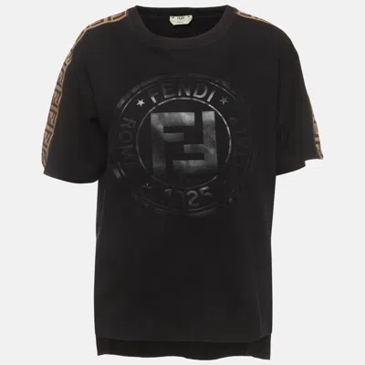 Pre-owned Fendi Black Logo Appliqué Jersey Crewneck T-shirt M