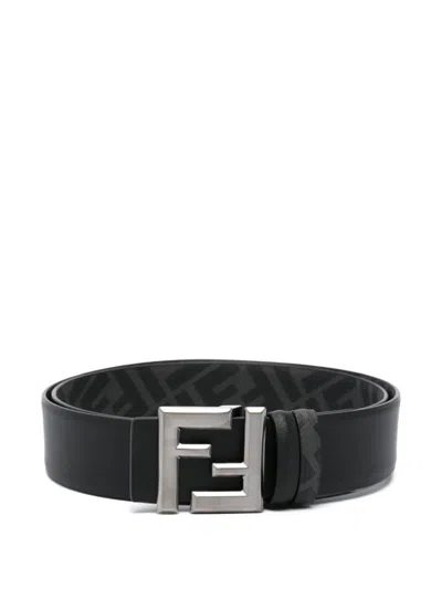 Fendi Cintura Reversibile Squared Ff In Pelle E Tela In Black