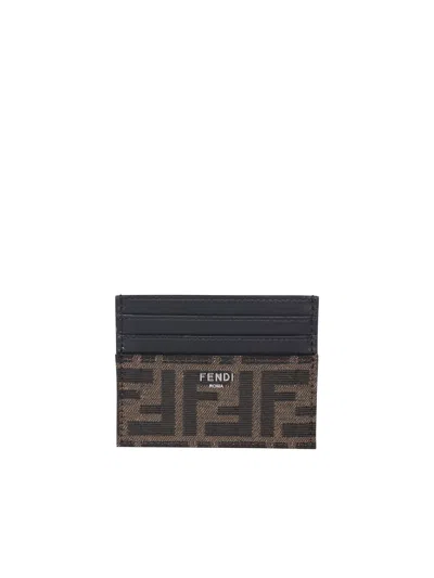 Fendi Men Leather Card Holder With Ff Jacquard Fabric Inserts In Brown