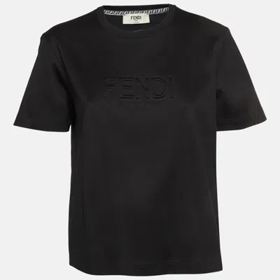 Pre-owned Fendi Black Logo Embossed Jersey Crew Neck T-shirt M