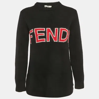 Pre-owned Fendi Black Logo Intarsia Wool Knit Crewneck Sweater M