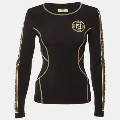 Pre-owned Fendi Black Logo Print Jersey Side Band Trim Top S