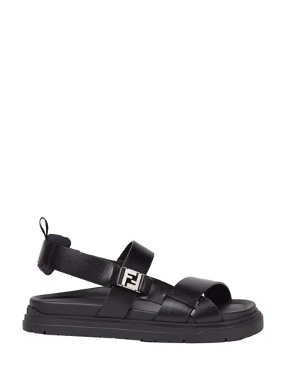 Fendi Ff Leather Sandals In Black