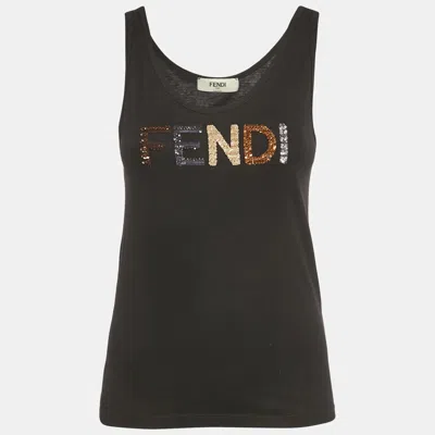 Pre-owned Fendi Black Logo Sequin Cotton Jersey Tank Top Xs