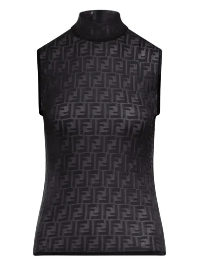 Fendi Women Black Crewneck Sleeveless Top With All-over Ff Motif And Rear Zip Closure In Tech Fabric