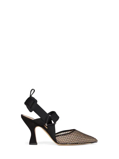 Fendi Black Mesh And Suede Colibrì Slingback Pumps