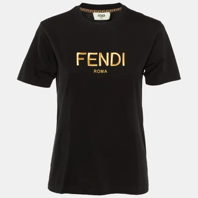 Pre-owned Fendi Black Metallic Logo Embroidered Cotton Crew Neck T-shirt M