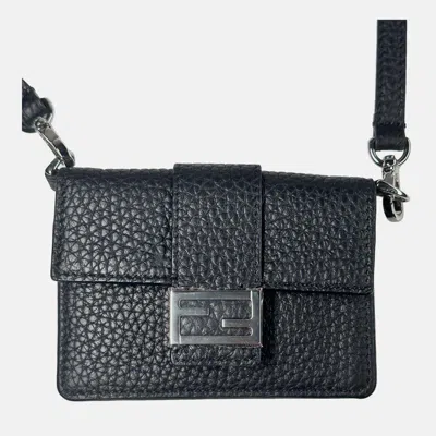 Pre-owned Fendi Black Micro Flat Baguette Cardholder With Strap