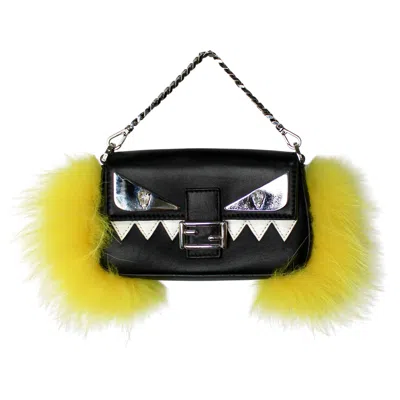 Pre-owned Fendi Black Napa Leather Micro Buggie Baguette Purse With Fox Fur