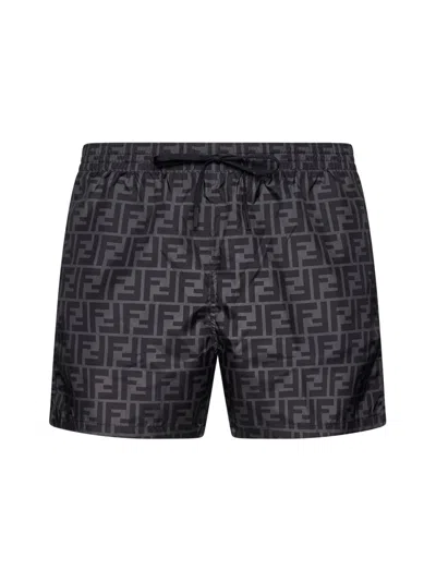 Fendi Tech Fabric With All-over Ff Pattern Swim Shorts In Brown