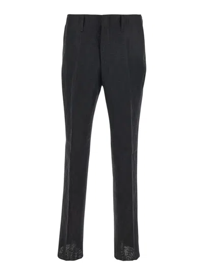 Fendi Black Pants With Belt Loops Amd All-over Ff Embroidery In Linen Man In Multicolor
