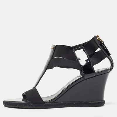 Pre-owned Fendi Black Patent Leather And Elastic T-strap Wedge Sandals Size 38.5