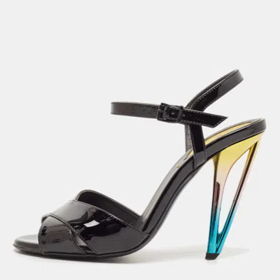 Pre-owned Fendi Black Patent Leather Ankle Strap Sandals Size 36.5