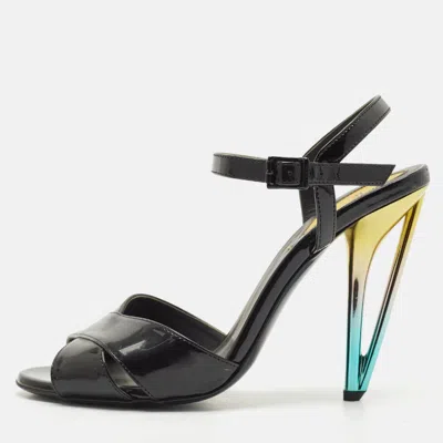 Pre-owned Fendi Black Patent Leather Ankle Strap Sandals Size 37.5
