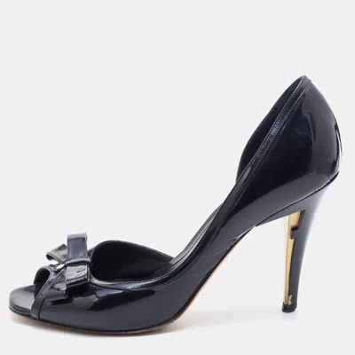Pre-owned Fendi Black Patent Leather Bow Peep Toe D'orsay Pumps Size 38.5