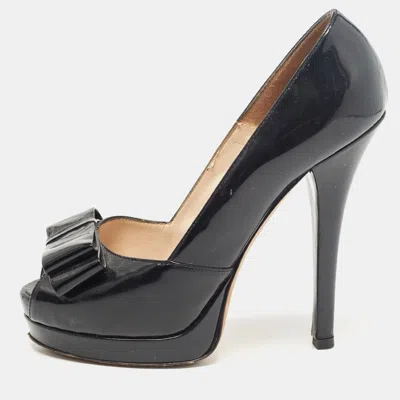 Pre-owned Fendi Black Patent Leather Bow Peep Toe Platform Pumps Size 38