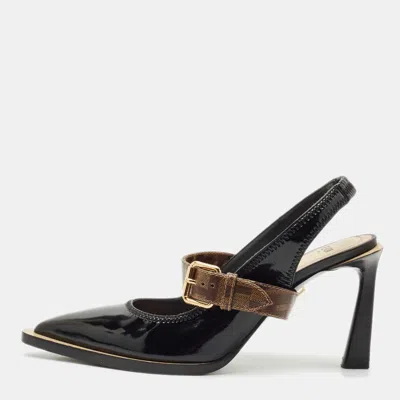 Pre-owned Fendi Black Patent Leather Fframe Slingback Pumps Size 37