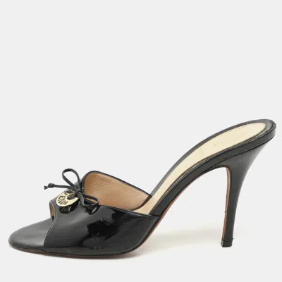 Pre-owned Fendi Black Patent Leather Logo Plaque Open Toe Sandals Size 39