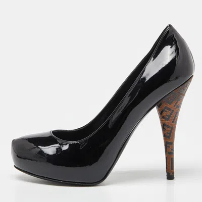 Pre-owned Fendi Black Patent Leather Platform Ff Superstar Pump Size 37