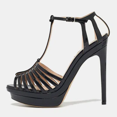 Pre-owned Fendi Black Patent Leather Strappy T-bar Platform Sandals Size 37