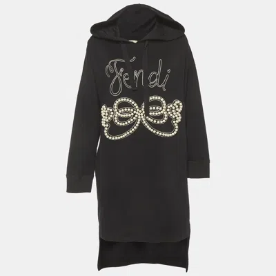 Pre-owned Fendi Black Pearl Embroidered Cotton Hooded Dress M