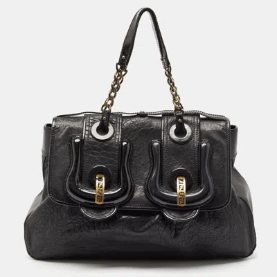 Pre-owned Fendi Black Pebbled Leather And Patent Leather Large B Shoulder Bag