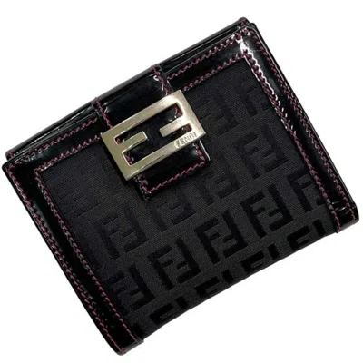 Pre-owned Fendi Black Pink Patent Leather Canvas Leather Wallet (bi-fold) () In Multi