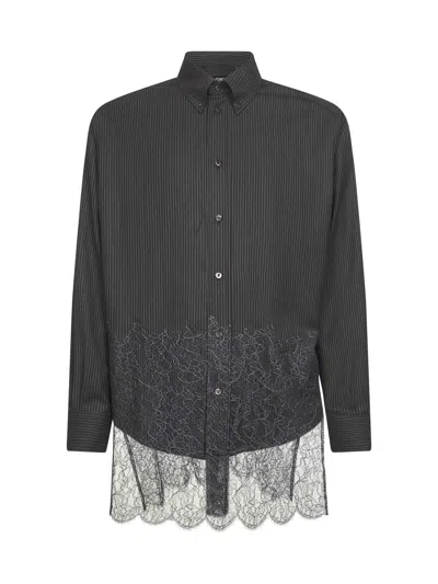 Fendi Black Pinstriped Wool And Lace Shirt