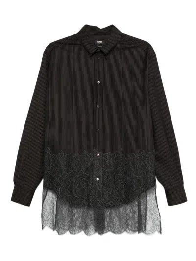 Fendi Espresso Pinstriped Wool Shirt With Lace In Black