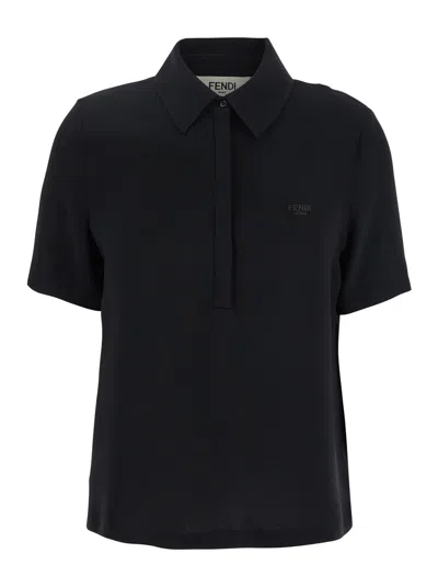 Fendi Black Polo Shirt With Classic Collar And Logo Lettering On The Front In Silk Woman In Multicolor