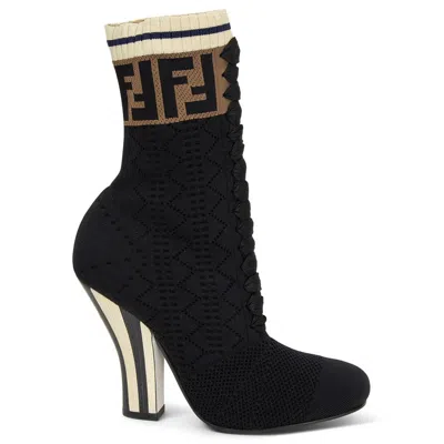 Pre-owned Fendi Black Rockoko Knit Sock Ankle Boots Shoes 36.5