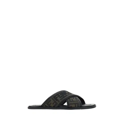 Fendi Double Crossed Band Logo Slides With Jacquard Ff Design In Black