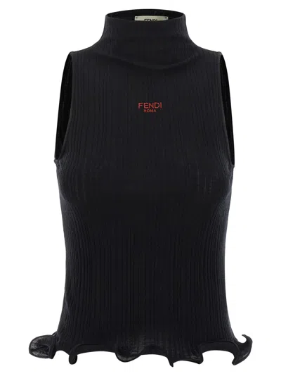 Fendi High Neck Sleeveless Ribbed Top In Black