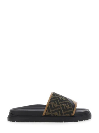 Fendi Brown Ff Jacquard And Beige Leather Slides