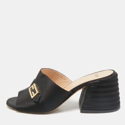 Pre-owned Fendi Black Satin Ff Buckle Block Heel Slide Sandals Size 37.5