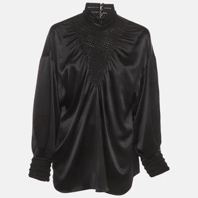 Pre-owned Fendi Black Satin Smocked Neck Detail Long Sleeve Blouse M