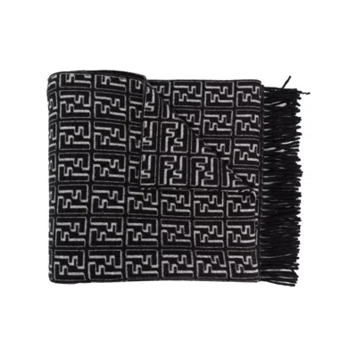 Fendi Ff Motif Fringed Scarf In Black