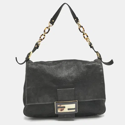 Pre-owned Fendi Black Shimmer Leather Large Mama Forever Flap Shoulder Bag