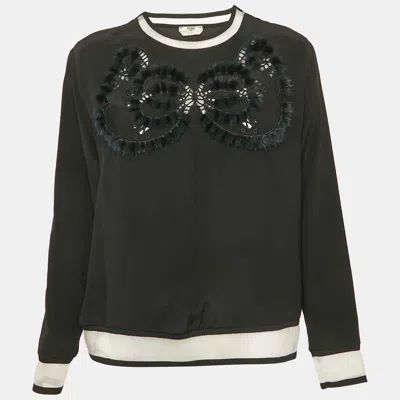Pre-owned Fendi Black Silk & Fur Detail Long Sleeve Top M