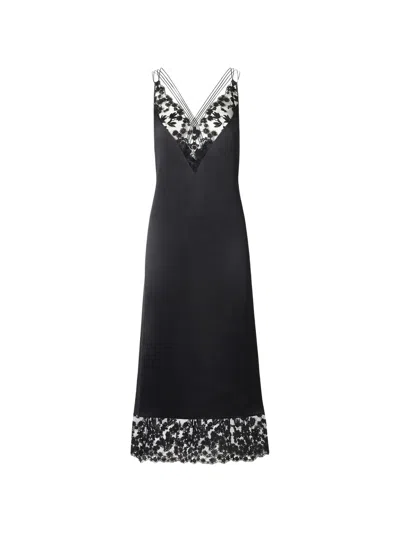 Fendi Silk V-neck Midi Dress With Lace Details And Back Spaghetti-strap Cross In Black